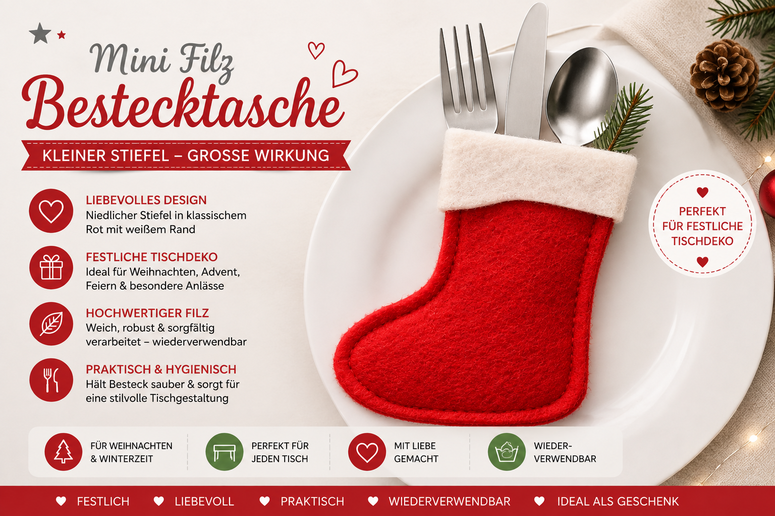 Filz Bestecktasche für Kinderbesteck – Weihnachts Besteckhalter für kleine Weihnachtsfans