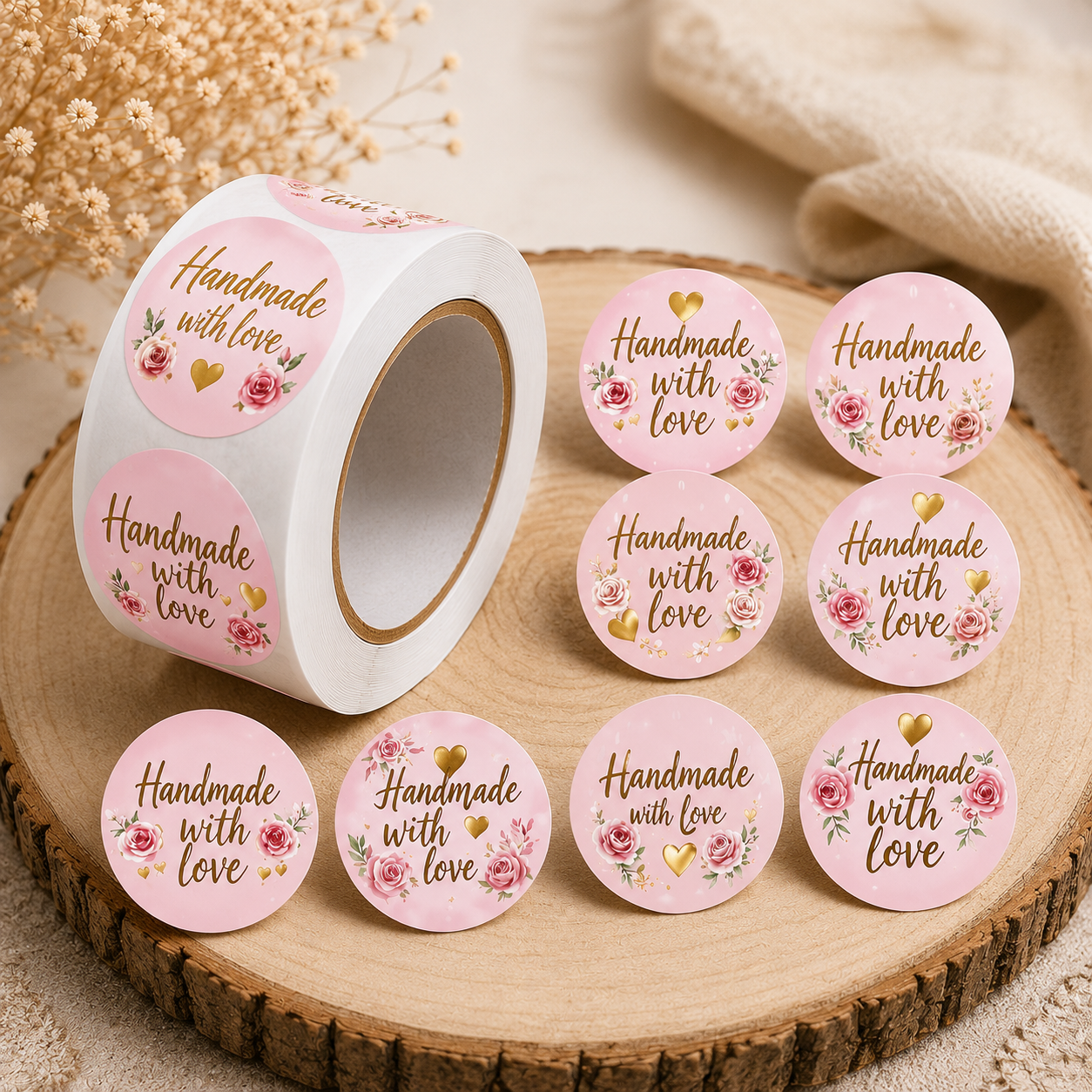 50 Handmade with Love Sticker – Rosa Geschenkaufkleber | 2,5 cm