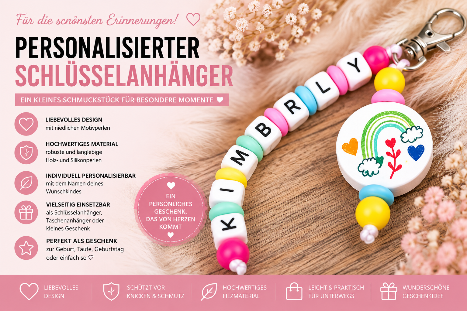 Personalisierter Schlüsselanhänger mit Namen & Motivperle – bunter Anhänger mit Wunschname