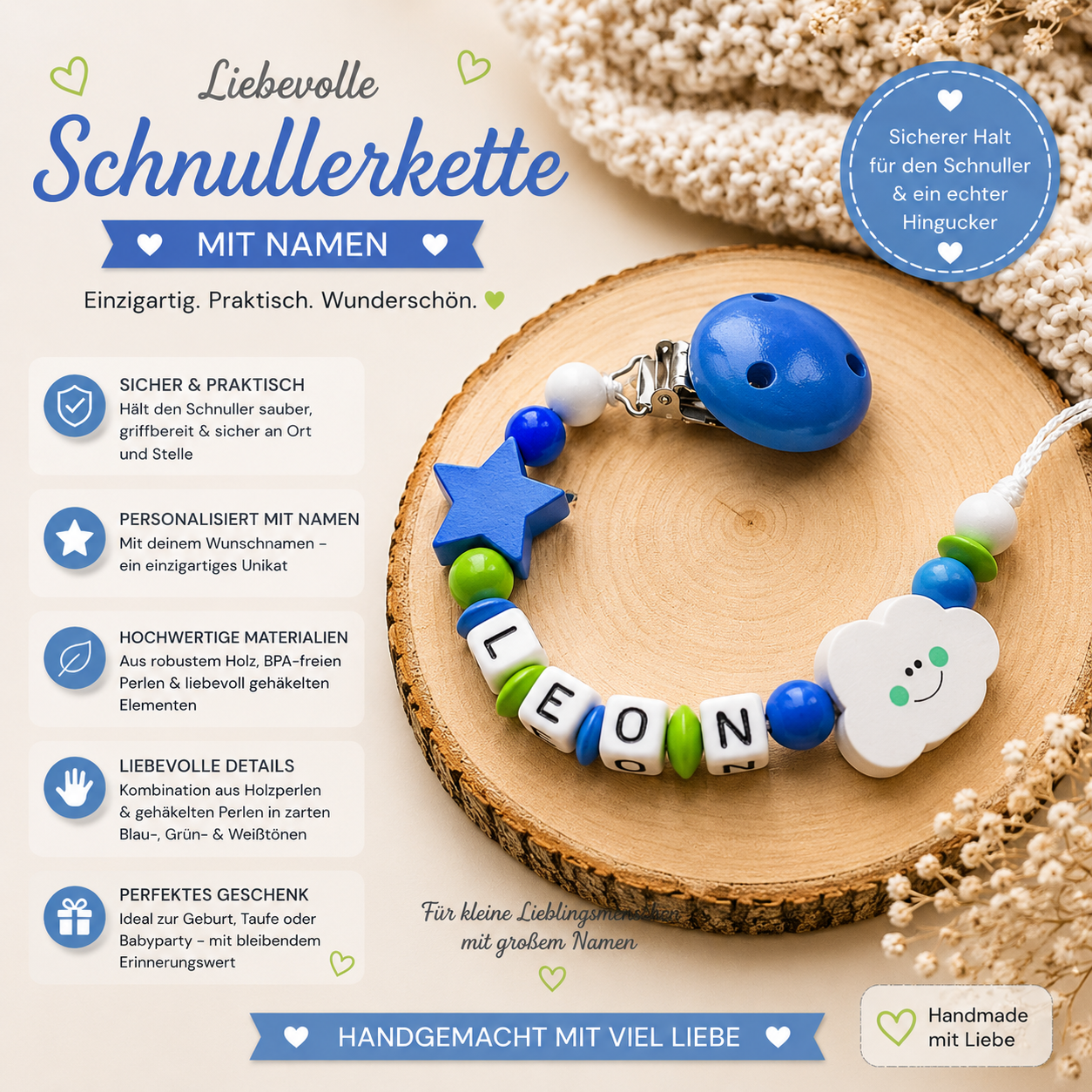 Personalisierte Schnullerkette mit Namen – Wolke & Stern in Blau | Handmade Babygeschenk