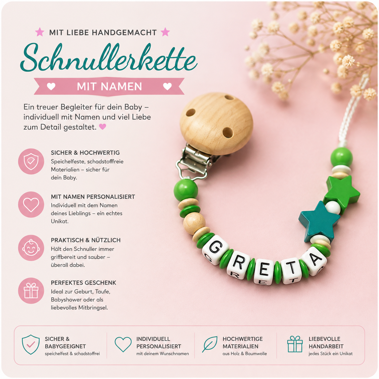 Personalisierte Schnullerkette mit Namen – Natur & Grün | Handgemachtes Babygeschenk