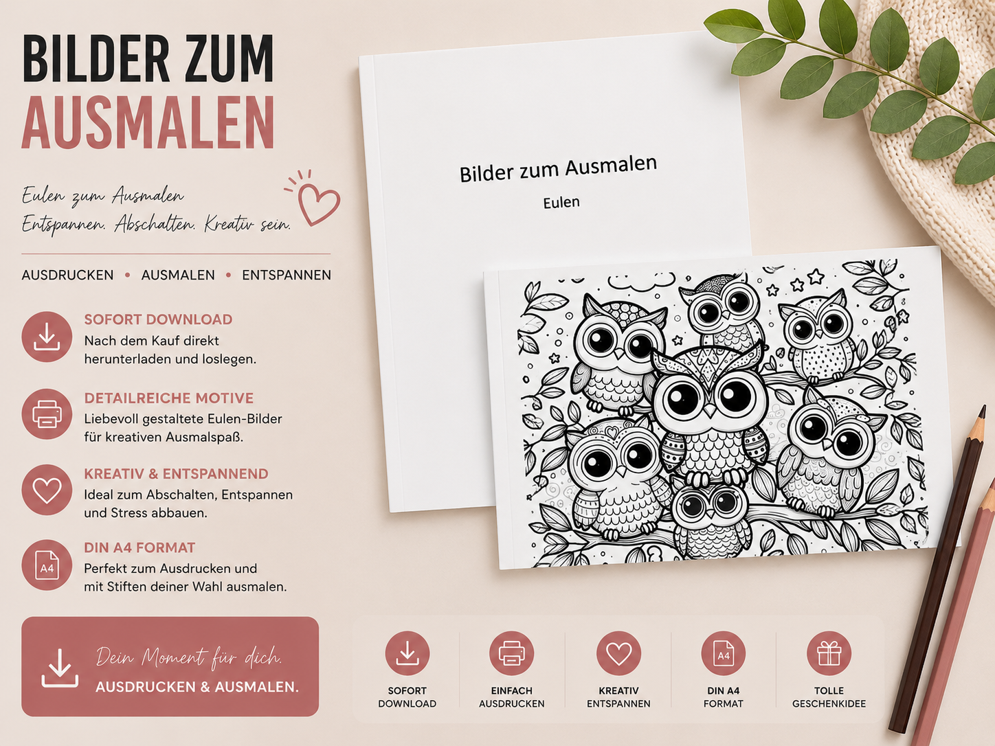 Eulen Ausmalbilder zum Ausdrucken – digitale Malvorlagen DIN A4 | Download