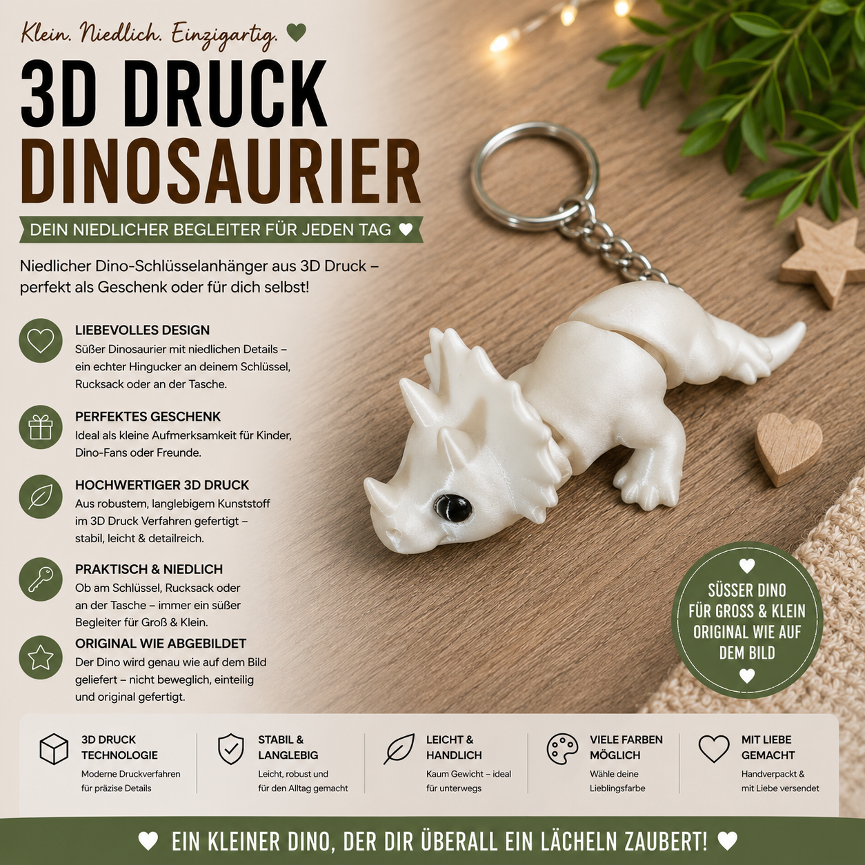 3D Dino Schlüsselanhänger beweglich – süßer Dinosaurier Anhänger aus 3D-Druck