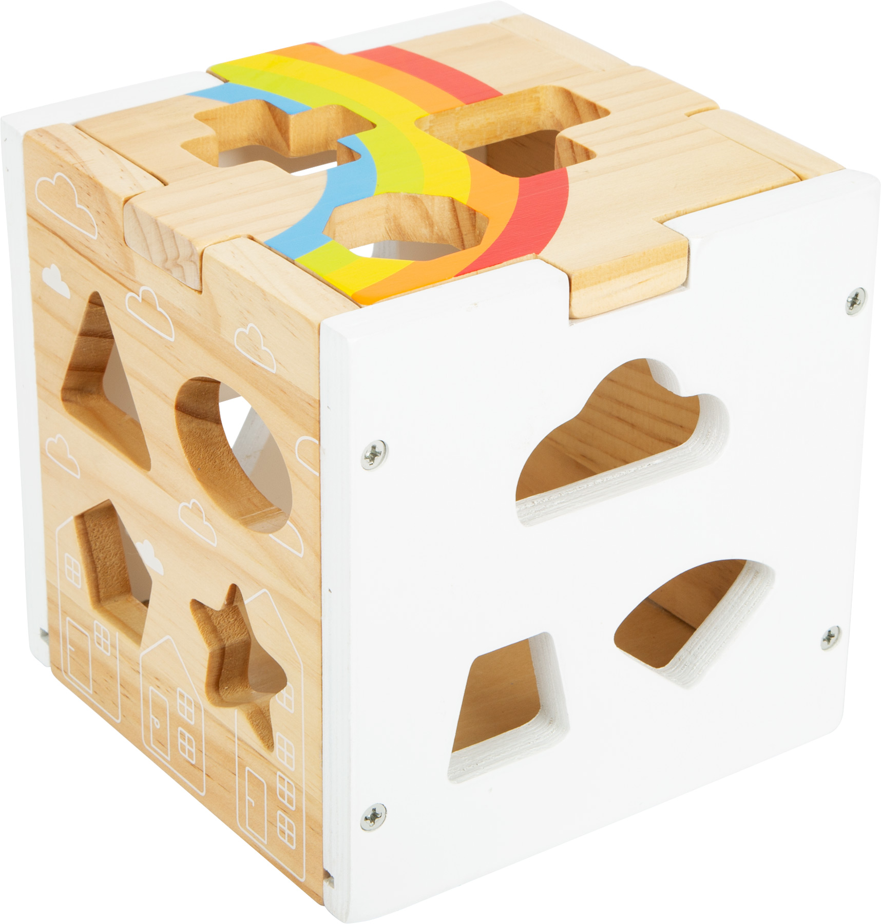 Moderner Steckwürfel aus Holz mit Regenbogenfarben