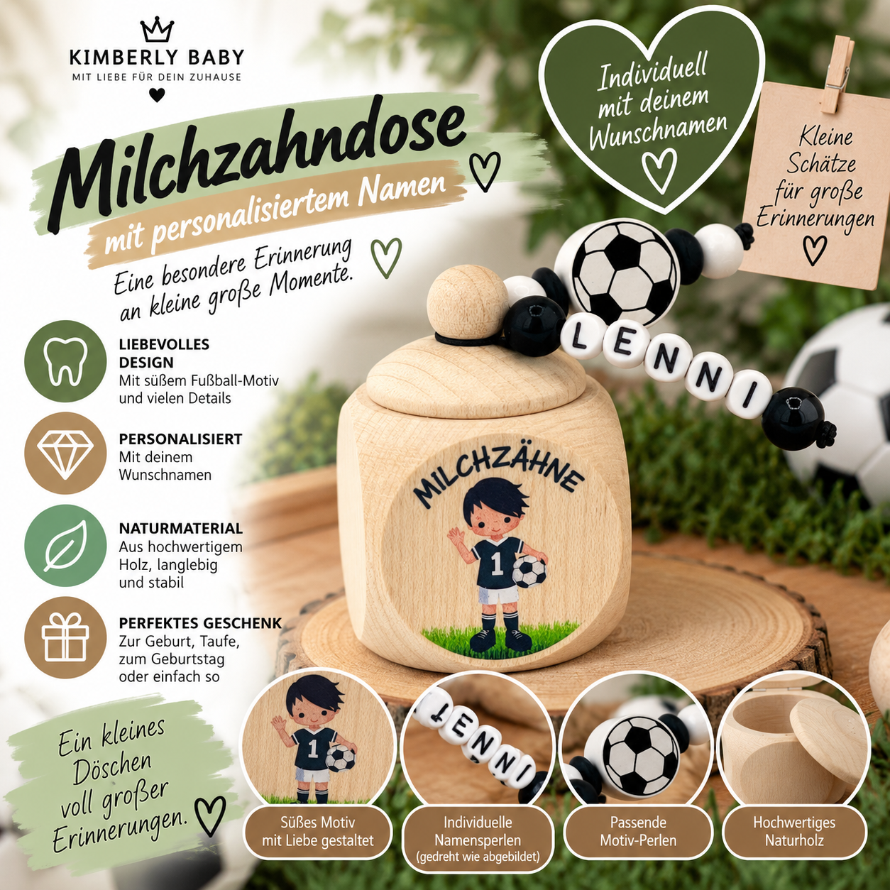 Personalisierte Milchzahndose Fußball mit Namen – Zahndose aus Holz für Kinder