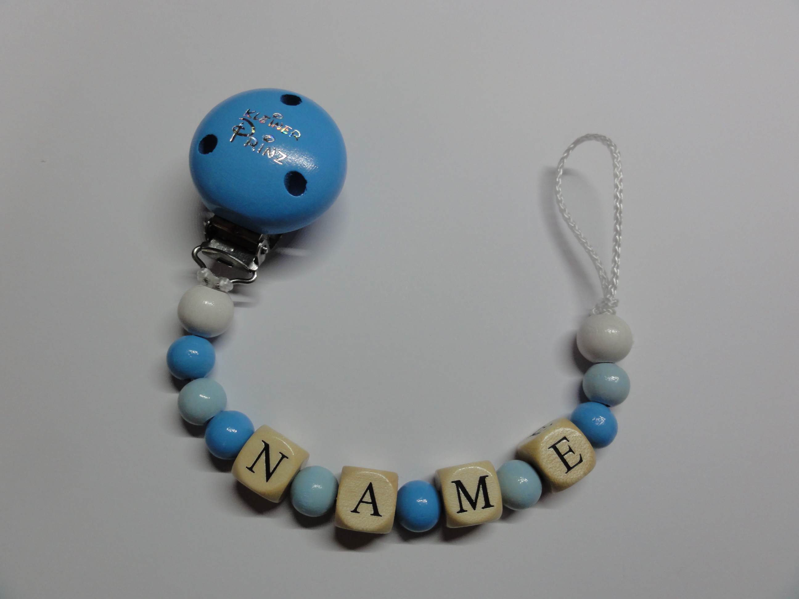 Baby Schnullerkette mit Namen - in blau