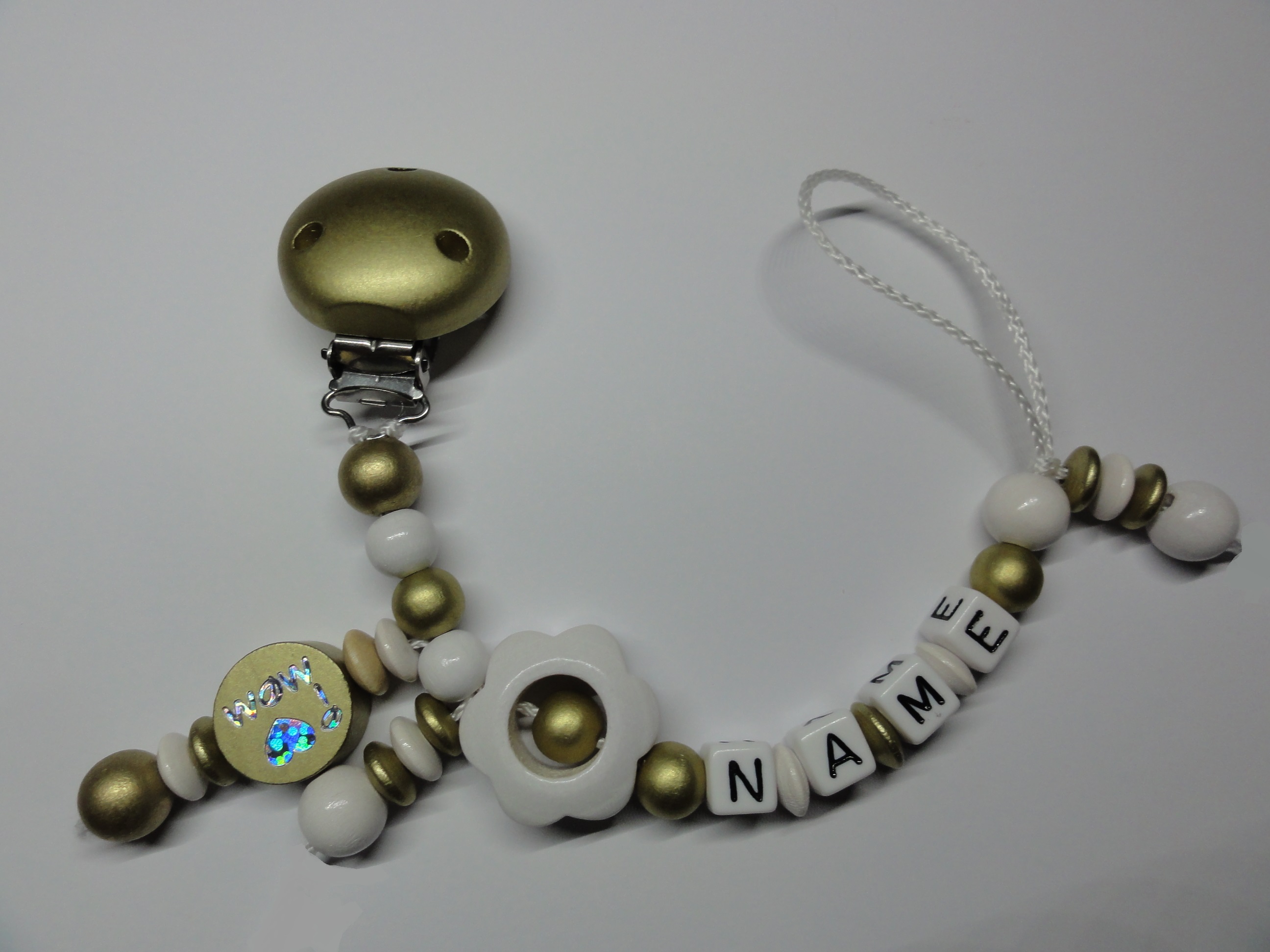 Baby Schnullerkette mit Namen - I love Mom in gold