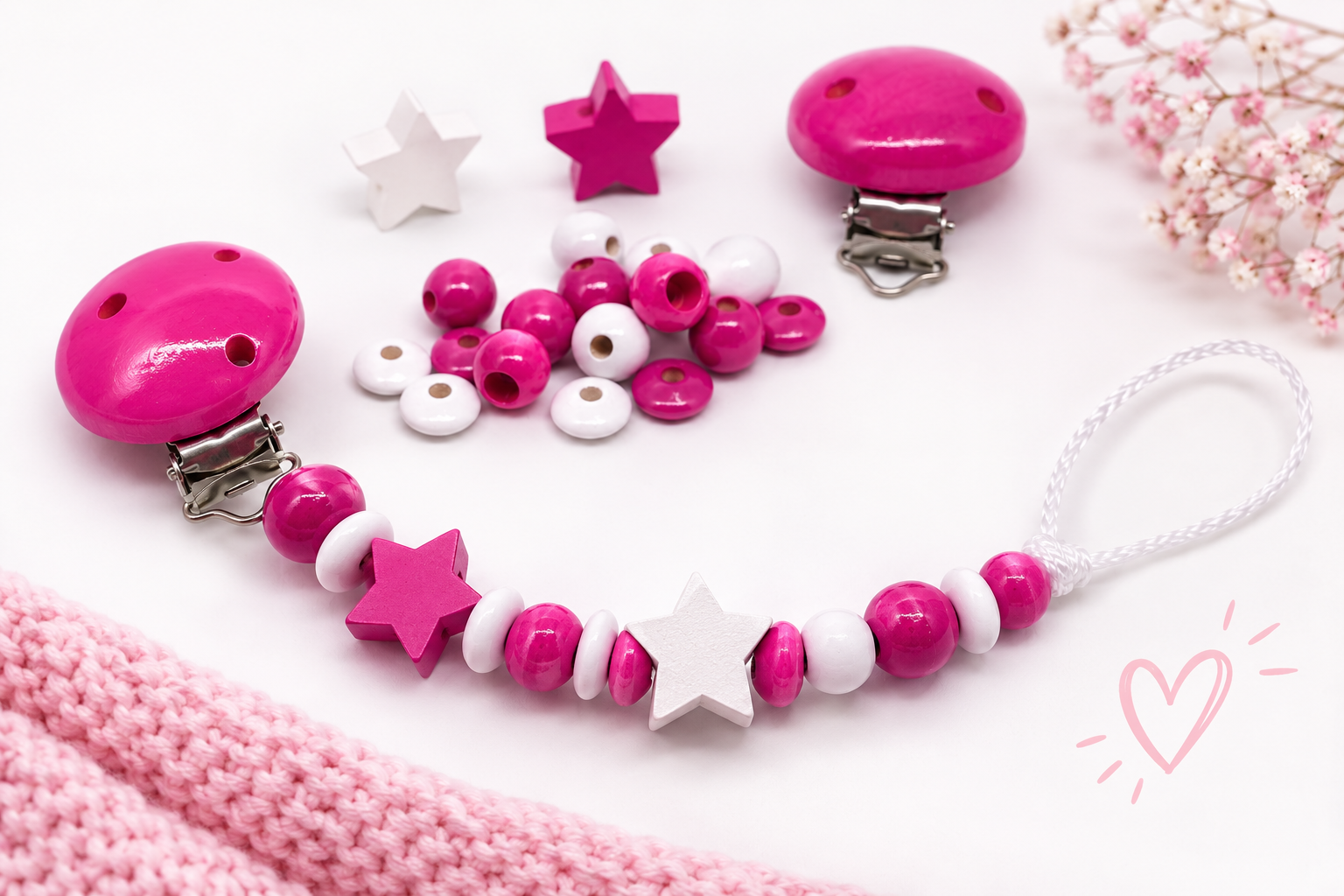 Schnullerketten Bastelset Pink Weiß – DIY Set mit Holzclip, Perlen & Sternen | Baby Bastelset