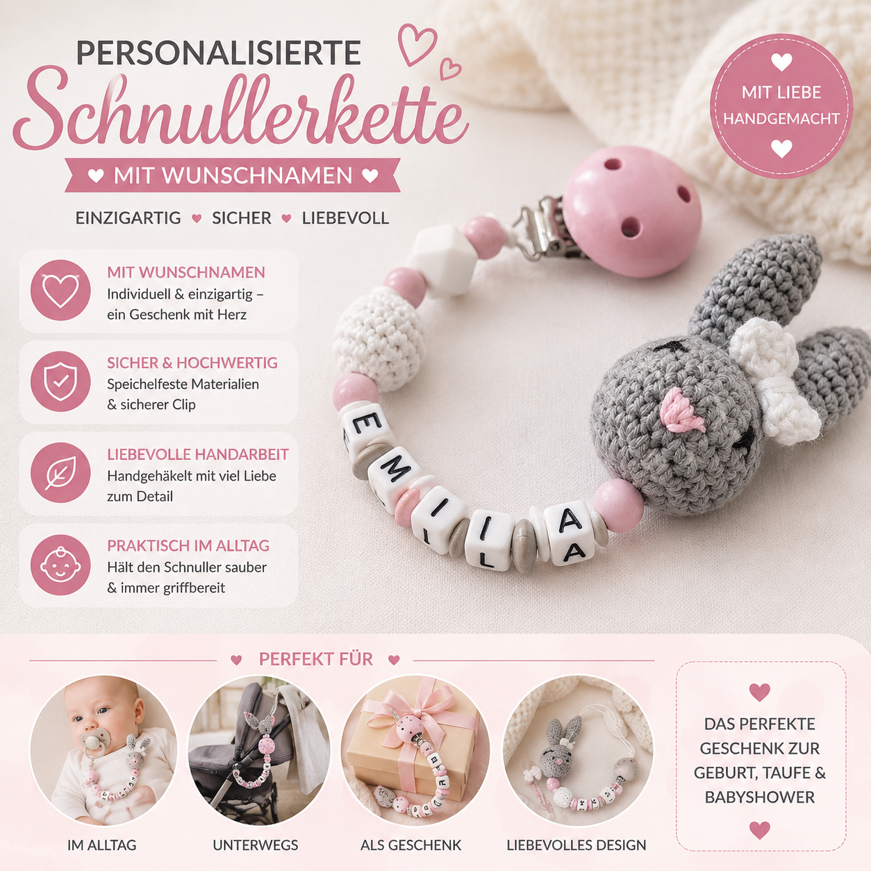 Schnullerkette mit Namen – Häkelhase Rosa/Grau | Personalisierte Schnullerkette für Mädchen