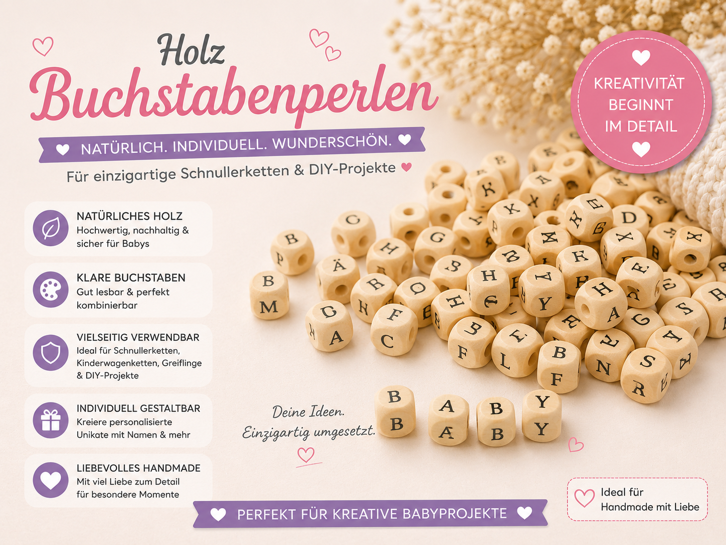 300 Bedruckte Holz Buchstabenwürfel – Buchstabenperlen für Schnullerketten & DIY