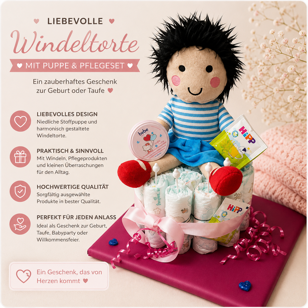Windeltorte mit Stoffpuppe & Pflegeprodukten – Handgemachtes Babygeschenk zur Geburt oder Taufe