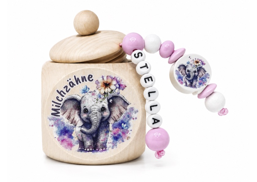Personalisierte Milchzahndose Elefant mit Namen – Holz Milchzahndose mit Perlenband