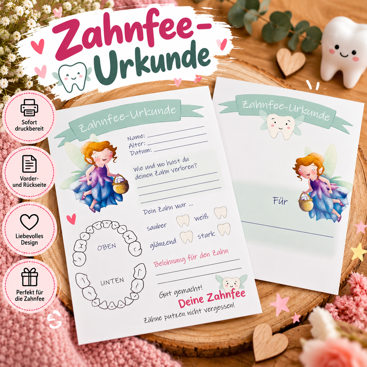 Zahnfee-Urkunde für Kinder – Erinnerungsurkunde für den ersten Milchzahn mit Zahnfee-Motiv