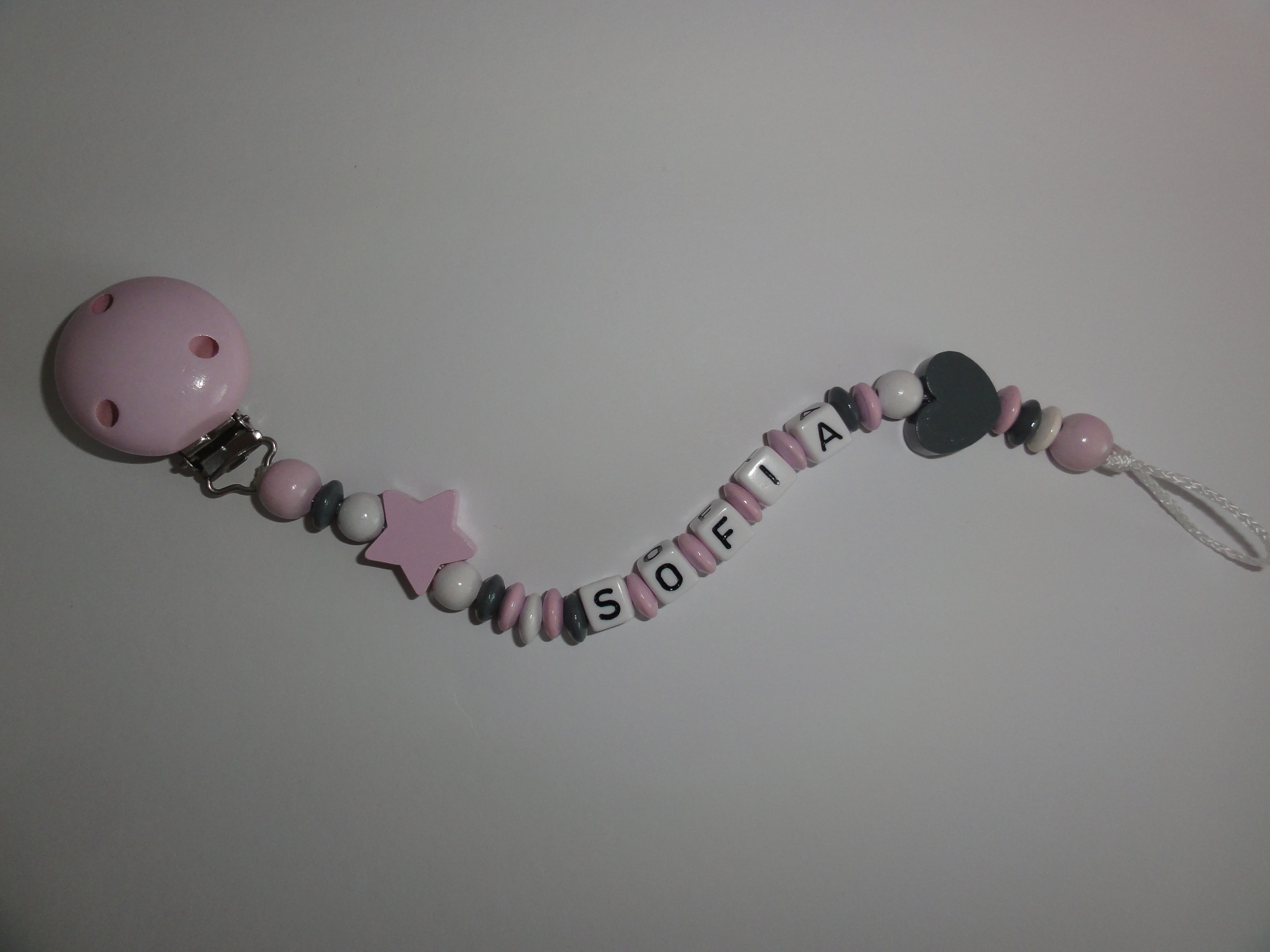 Baby Schnullerkette mit Namen - Stern Herz in rosa grau