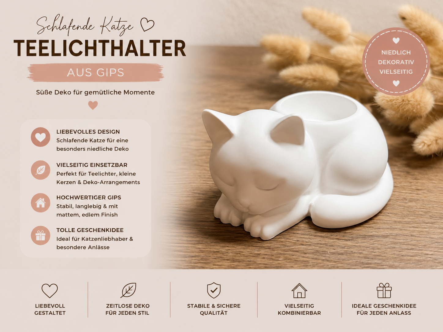 Teelichthalter Katze aus Gips – Schlafende Katze | Deko & Geschenkidee