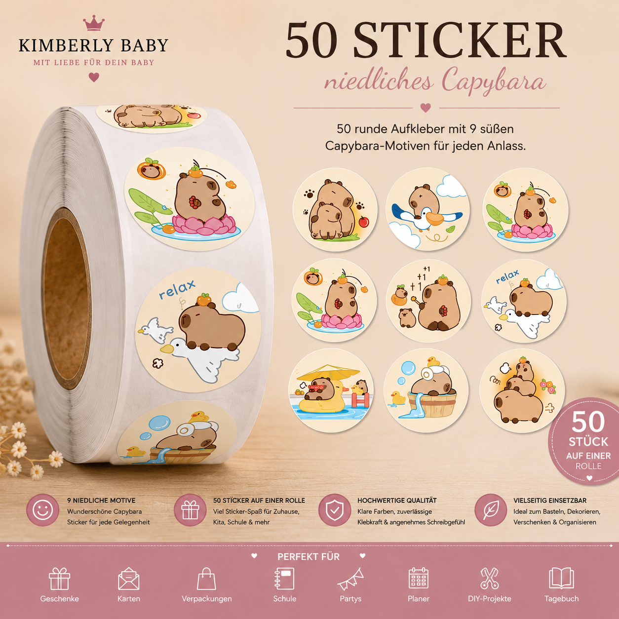 Capybara Sticker – 50 süße Aufkleber auf Rolle mit 9 Motiven