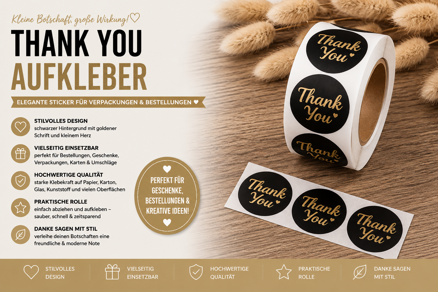 50 Thank You Aufkleber Schwarz-Gold – elegante Danke Sticker