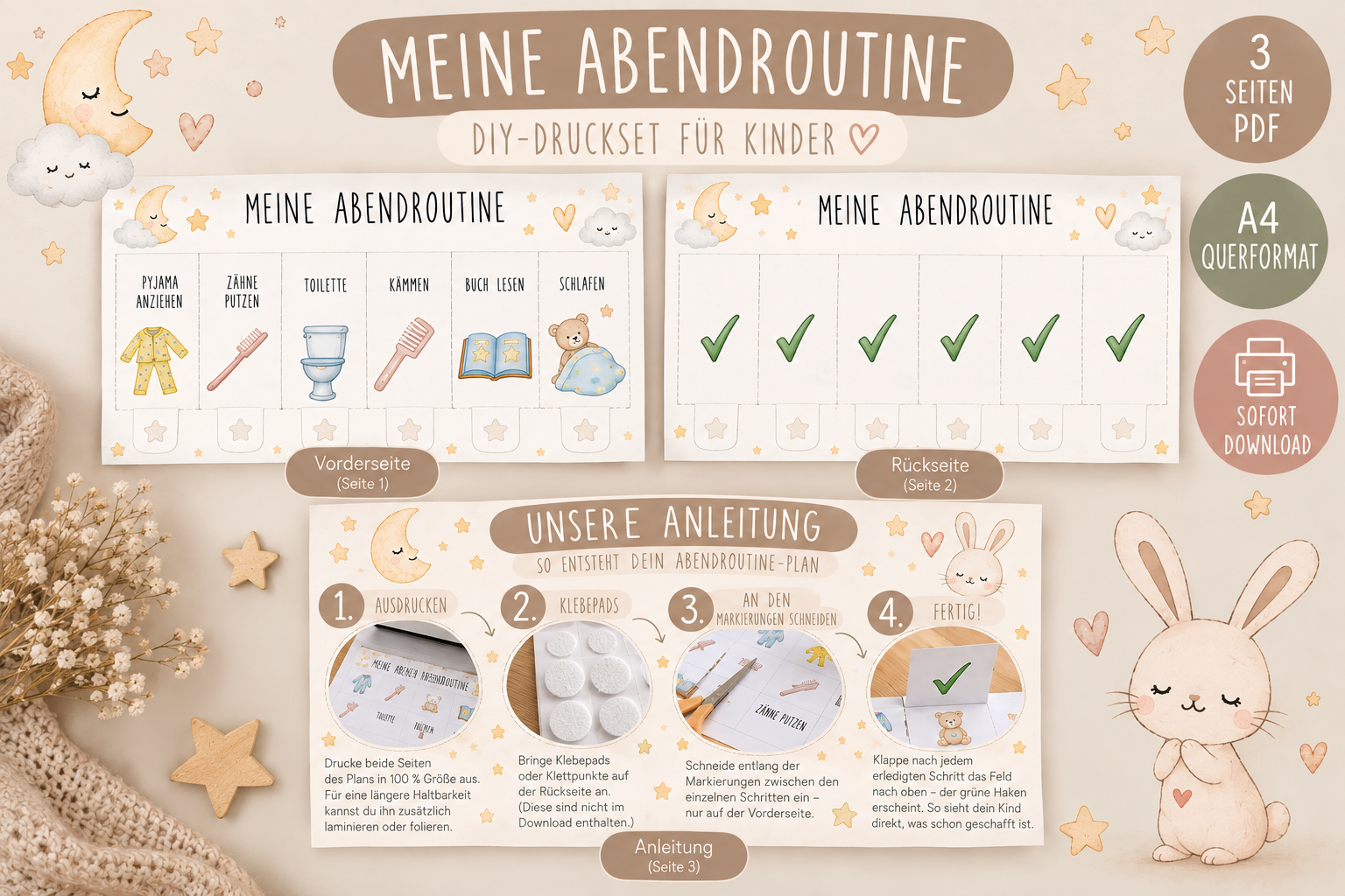 Abendroutine Kinder zum Ausdrucken | Routineplan Kinder | Abendroutine PDF | DIY Routineplan mit Klappkarten | A4 Digitaler Download