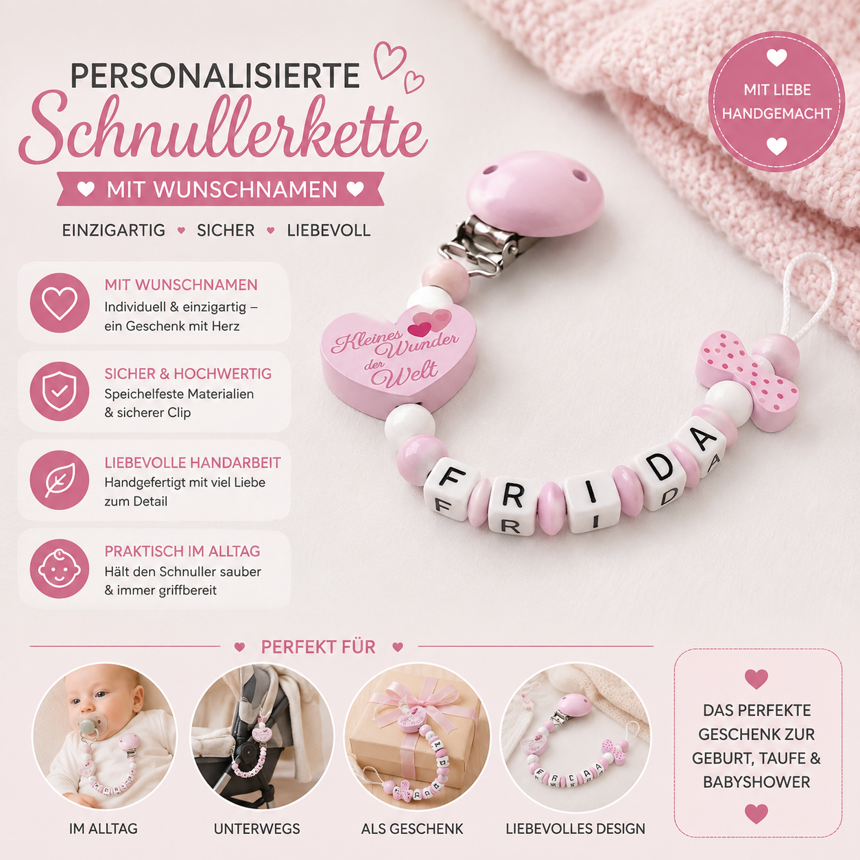 Personalisierte Schnullerkette mit Namen – Rosa Weiß – Herz „Kleines Wunder der Welt“ – Handmade Baby Geschenk