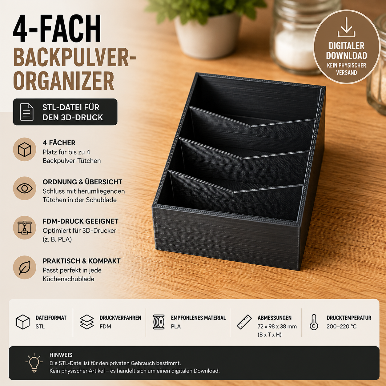 4-Fach Backpulver-Organizer – STL-Datei für den 3D-Druck