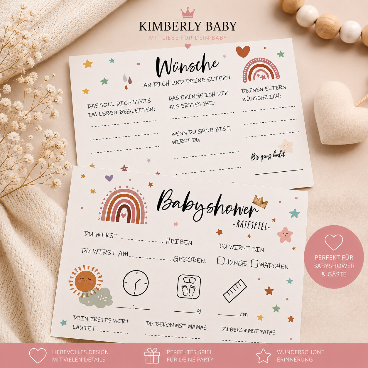 Babyshower Ratespiel & Wünschekarte – Baby Party Spiel zum Ausfüllen