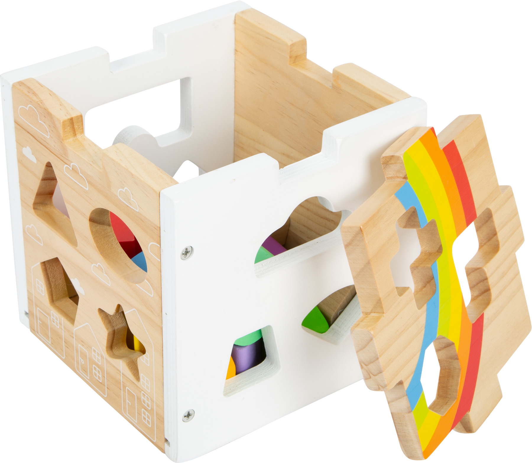 Moderner Steckwürfel aus Holz mit Regenbogenfarben