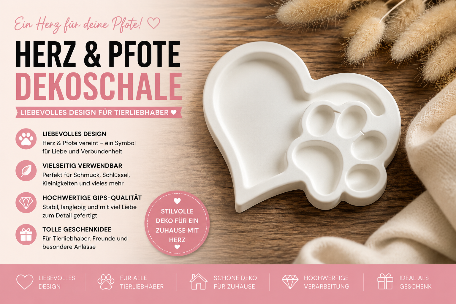 Herz & Pfote Gipsschale – Dekoschale für Tierliebhaber