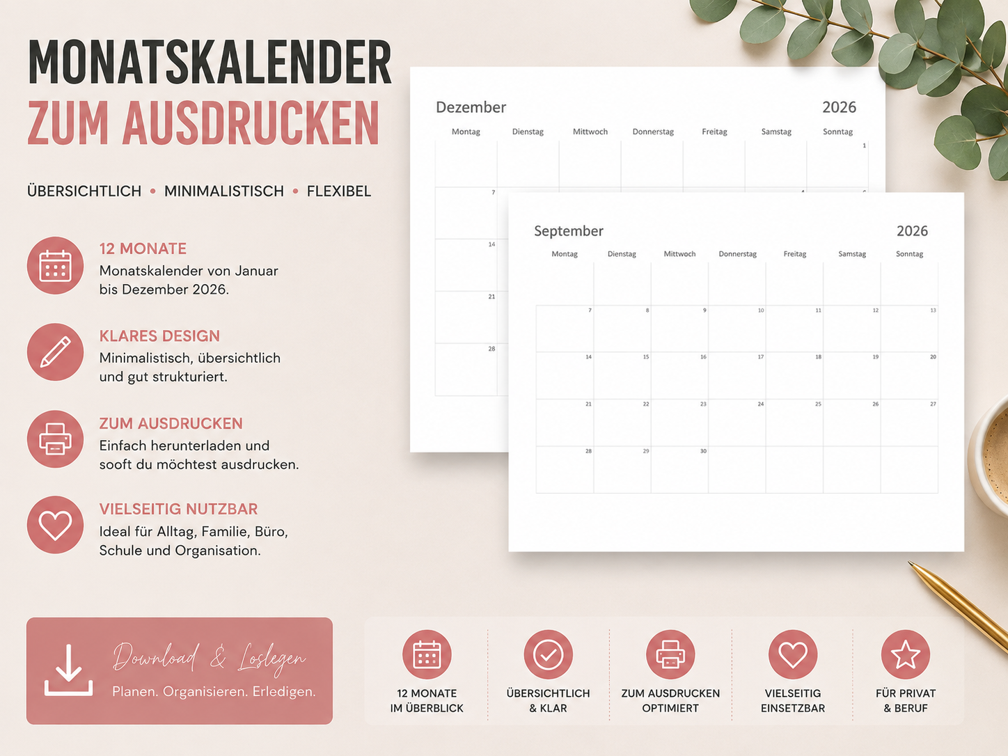 Monatskalender 2026 zum Ausdrucken – digitaler Kalender Download