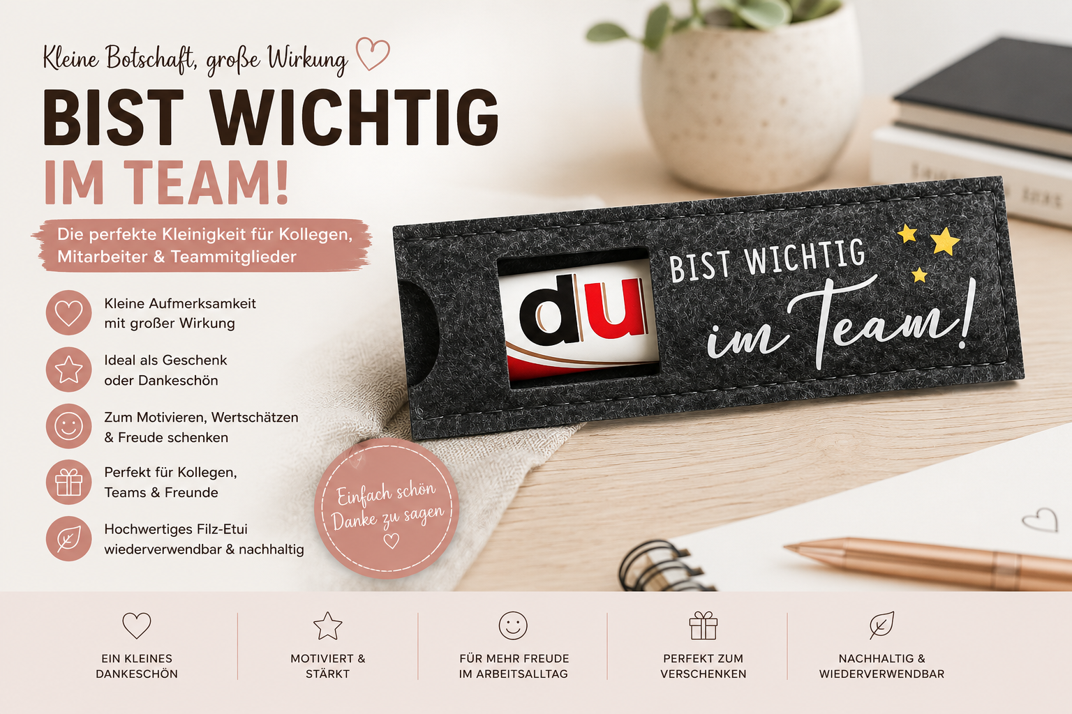 Kleines Dankeschön für Kollegen – Filz Geschenkhalter „Du bist wichtig im Team“