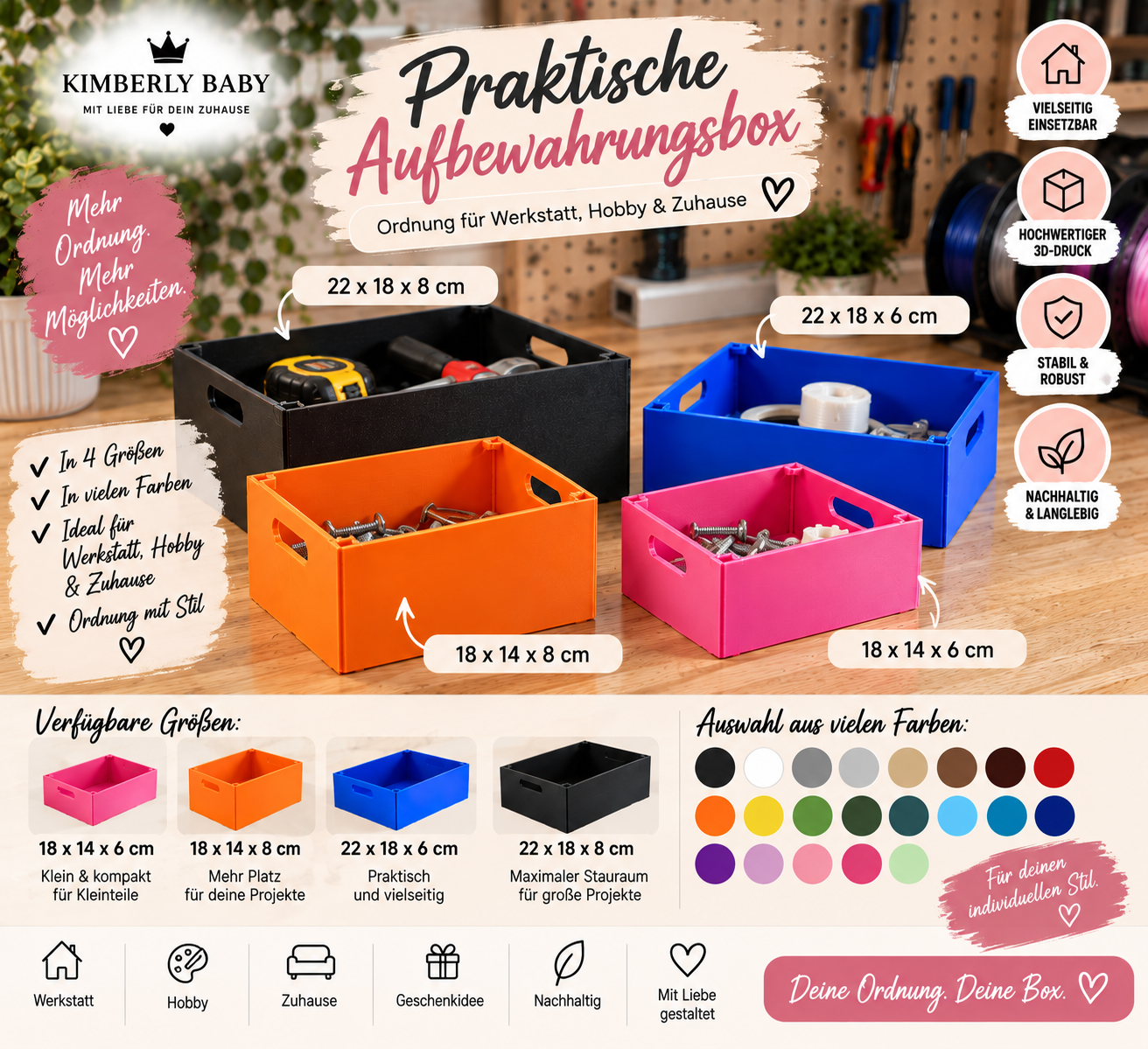 Stapelbare Aufbewahrungskiste aus 3D-Druck – Ordnungsbox in verschiedenen Größen & Farben