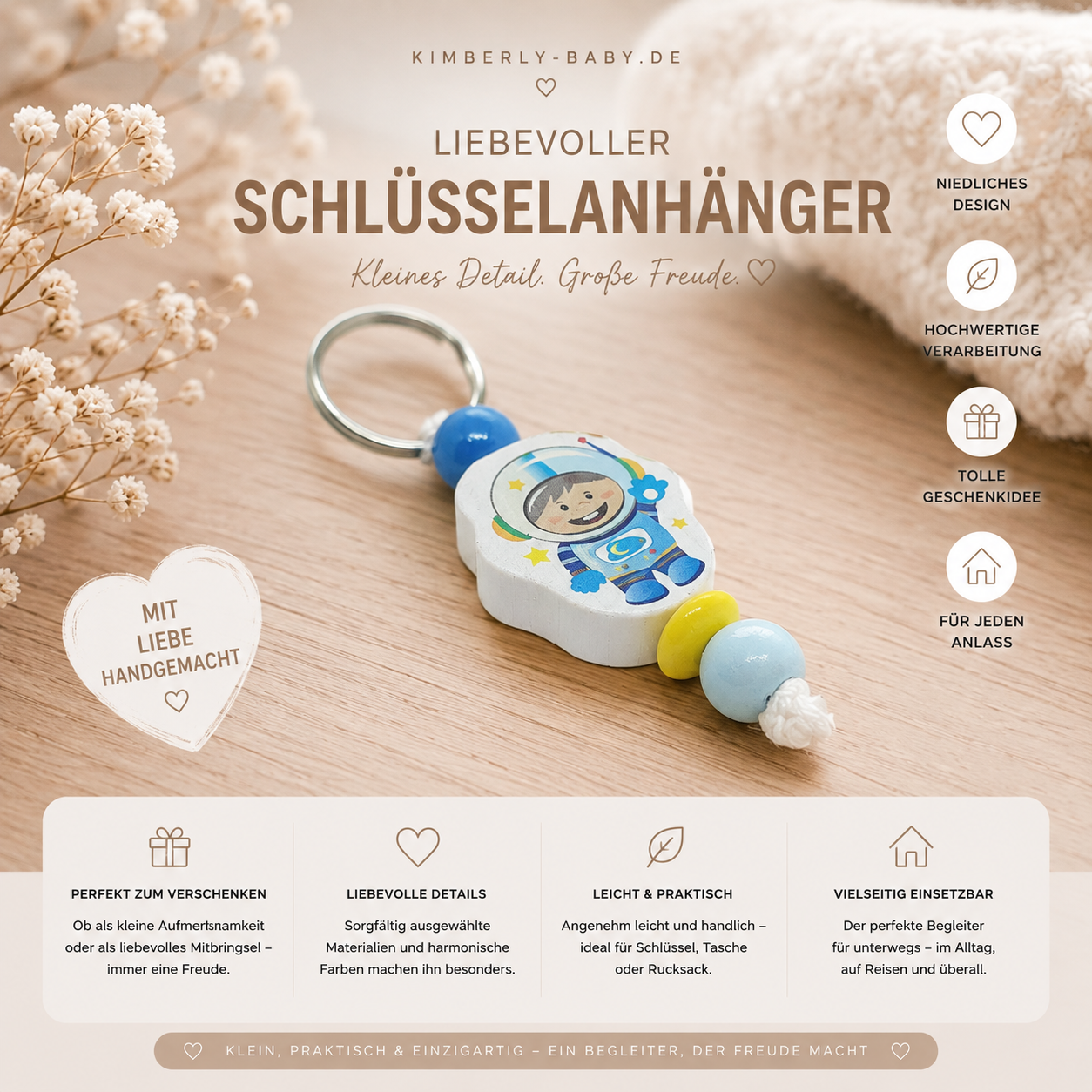 Reißverschlusshelfer Astronaut – handgemachter Anhänger mit Holzperlen für Kinder
