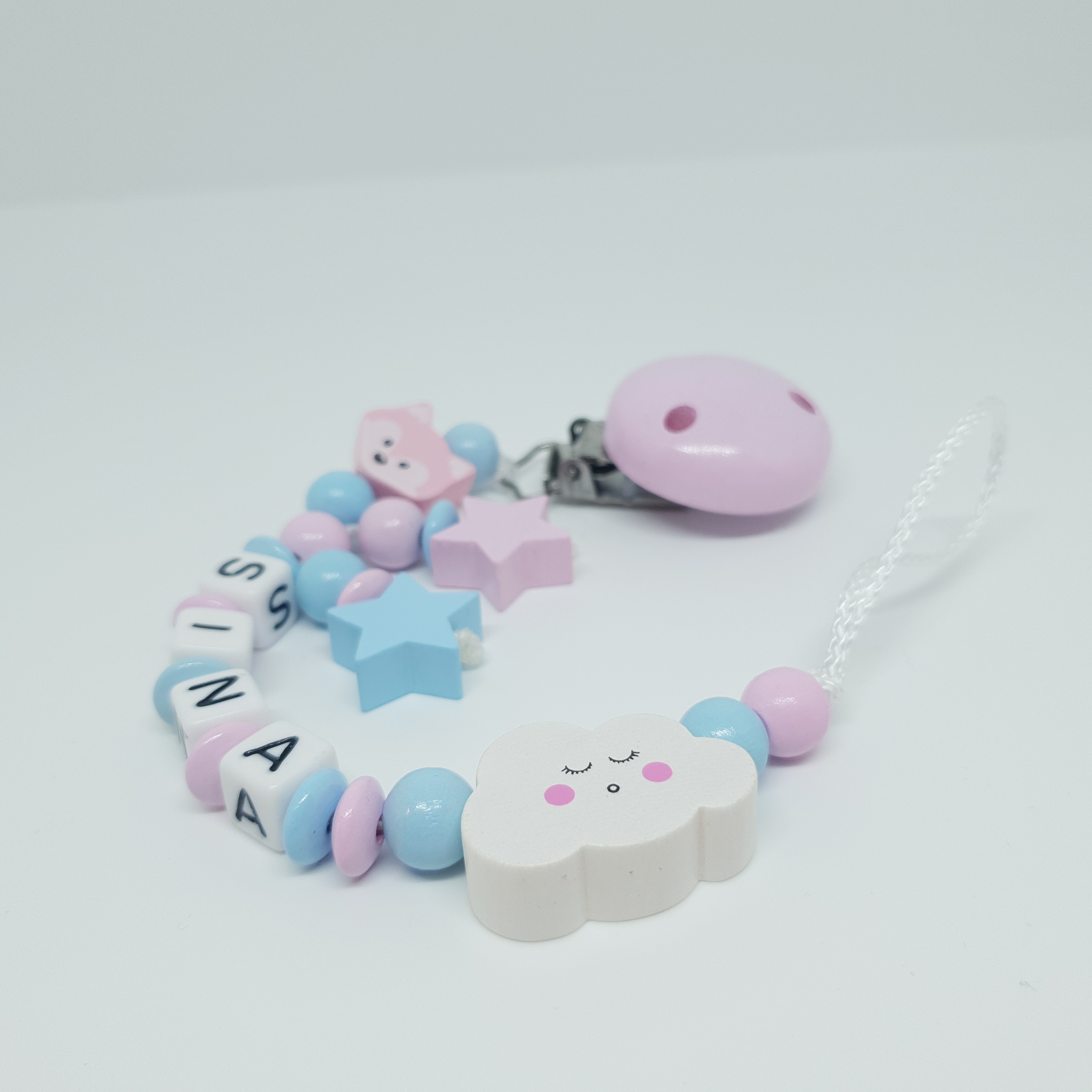 Baby Schnullerkette mit Namen - Wolke Sterne rosa blau