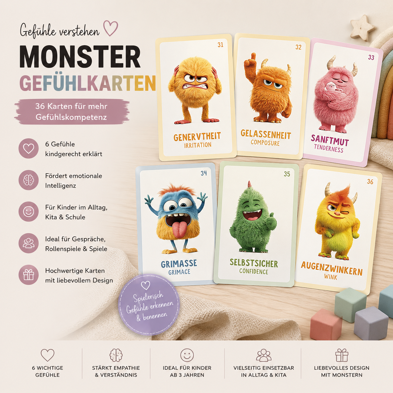 36 Monster Gefühlskarten für Kinder – Emotionen erkennen & benennen