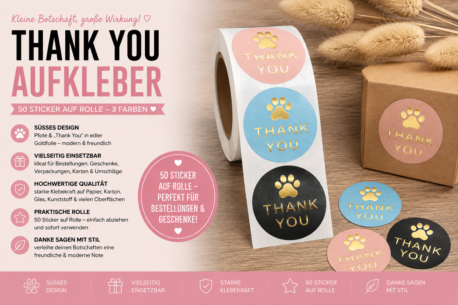 Thank You Sticker mit Pfote – 50 Aufkleber | Rosa, Blau & Schwarz