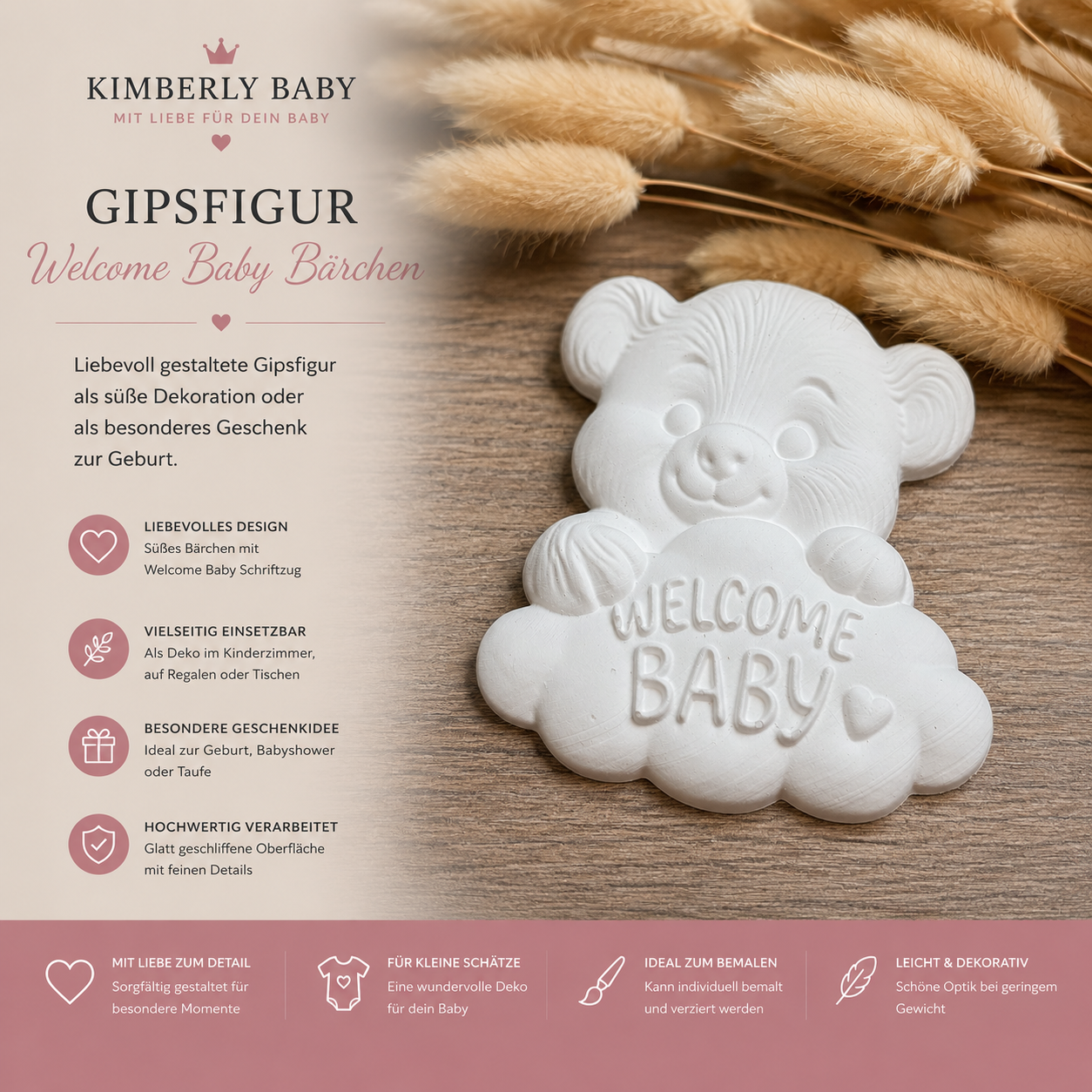 Welcome Baby Bär aus Gips – liebevolle Baby Deko zur Geburt