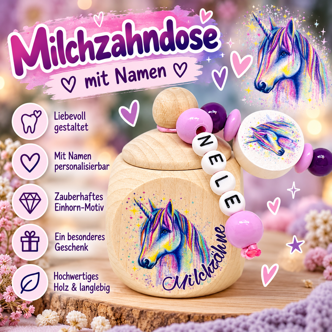 Personalisierte Milchzahndose Einhorn mit Namen – Zahndose aus Holz mit Perlenanhänger