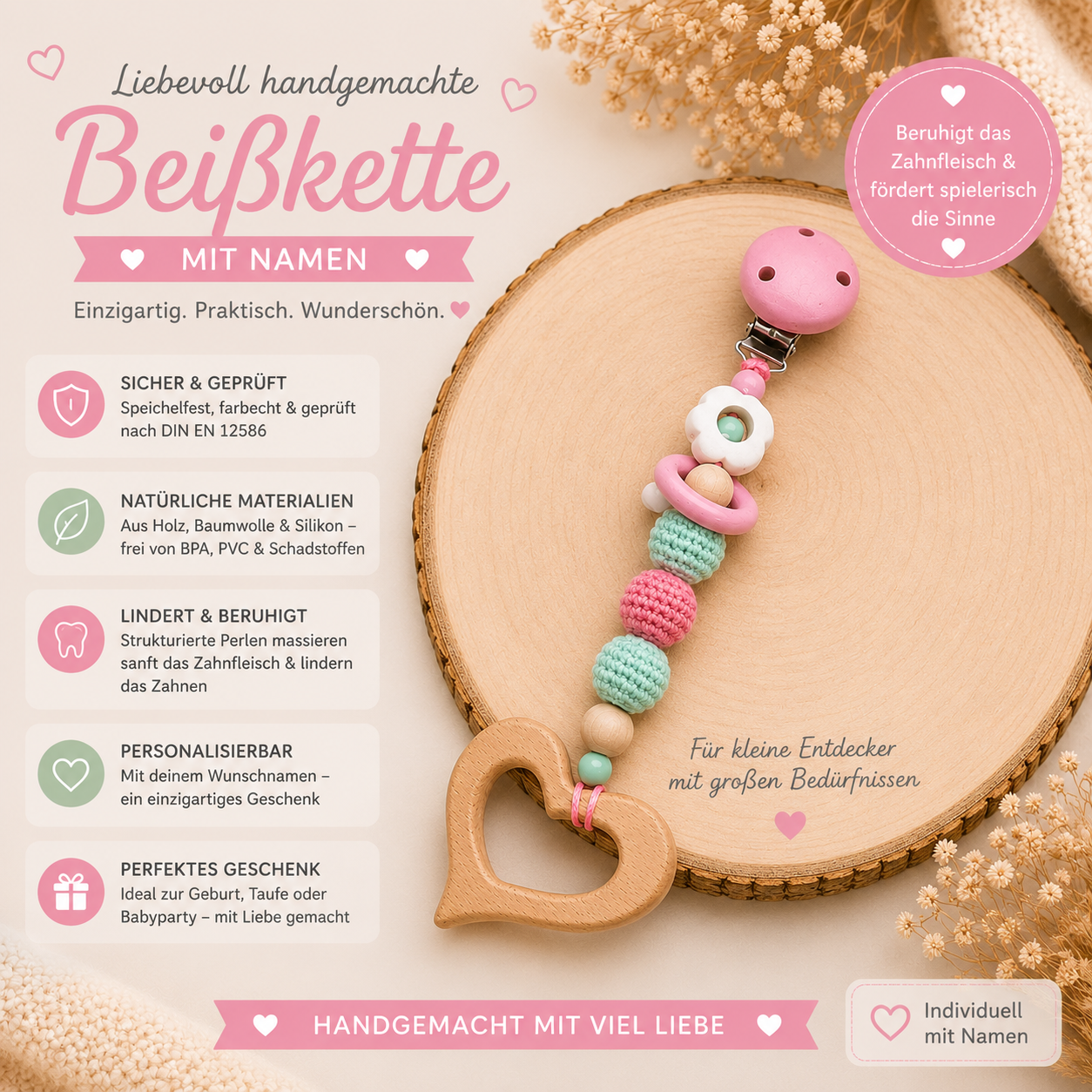 Personalisierter Kinderwagenanhänger mit Herz aus Holz – Häkelperlen | Babyspielzeug | Handgefertigt