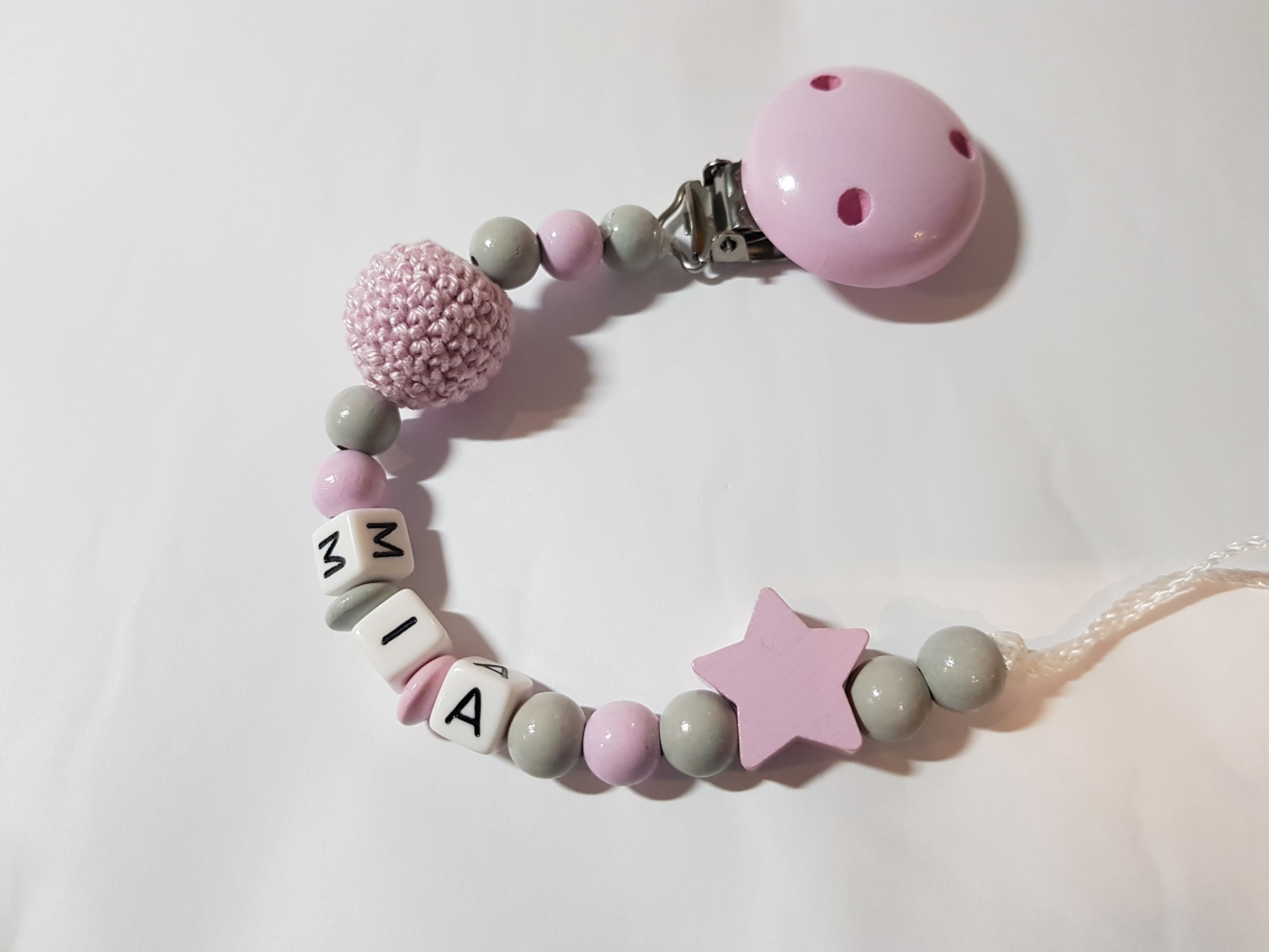 Baby Schnullerkette mit Namen - Häkelperle Stern in grau rosa