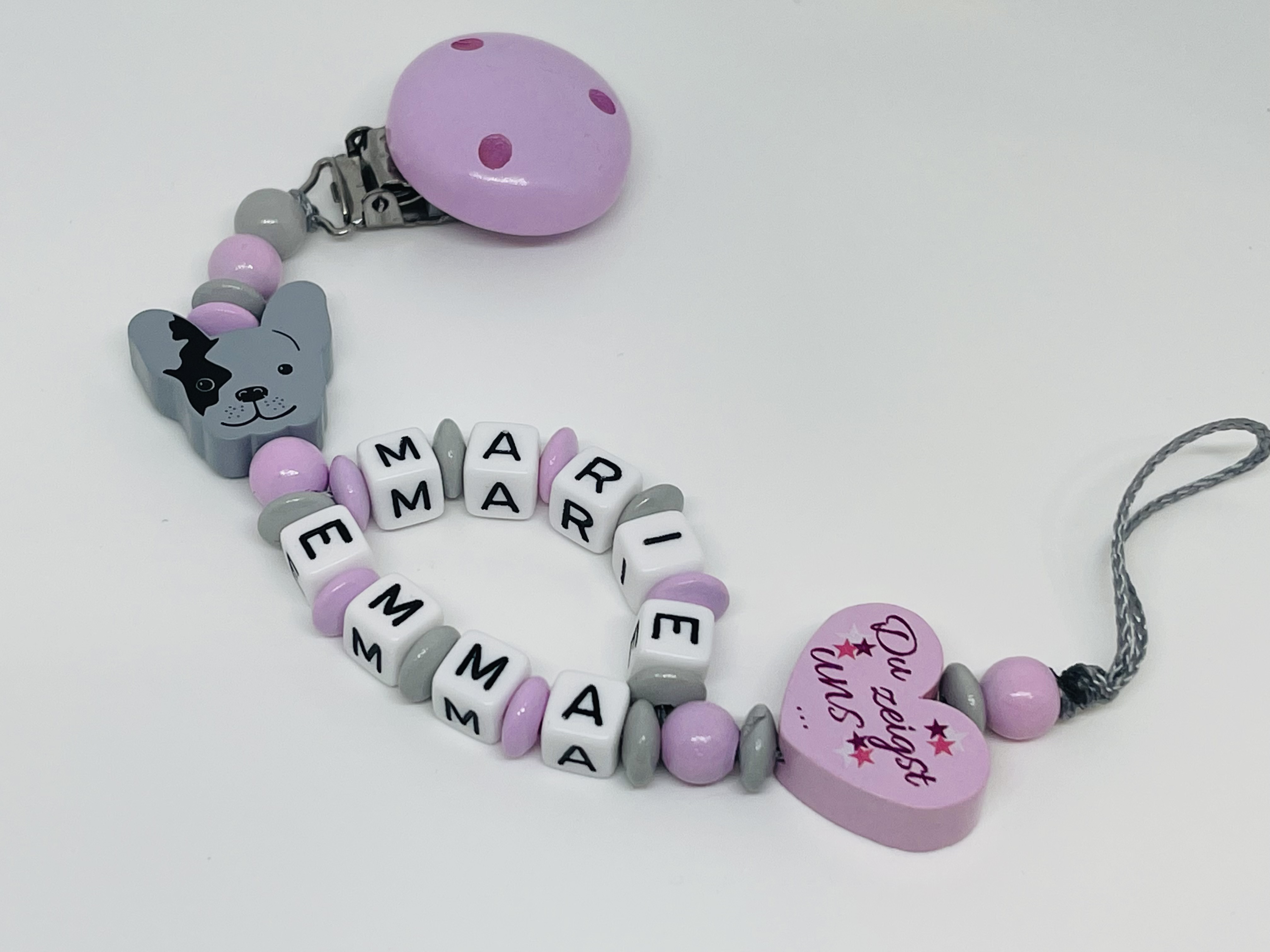 Baby Schnullerkette mit Doppelnamen - Bulldogge Was Liebe bedeutet rosa grau