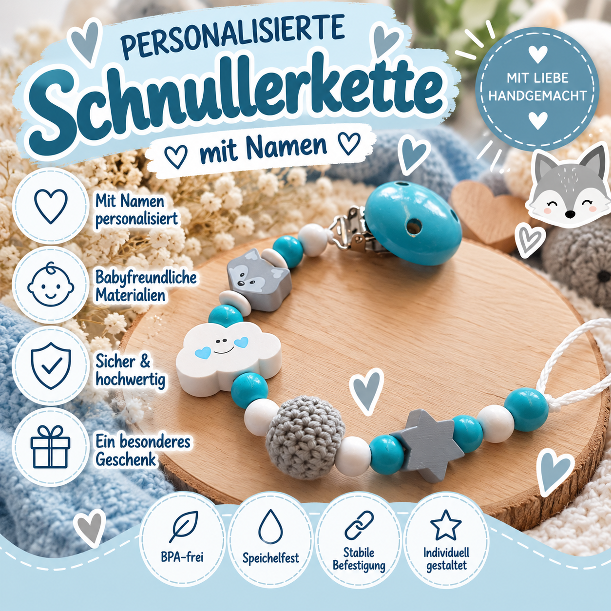 Schnullerkette Fuchs & Wolke – Baby Schnullerkette in Türkis, Grau & Weiß