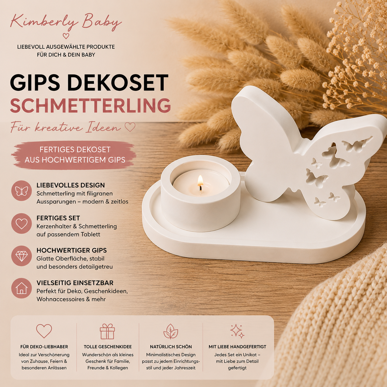 Gips Deko Set Schmetterling mit Kerzenhalter & Tablett – handgefertigte Deko