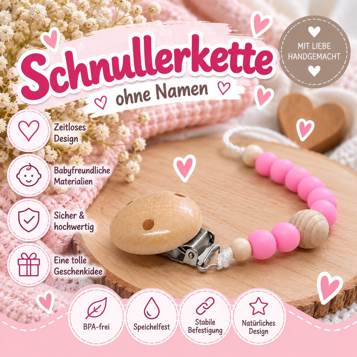 Schnullerkette ohne Namen in Rosa & Natur – schlichtes Baby Accessoire mit Holzclip