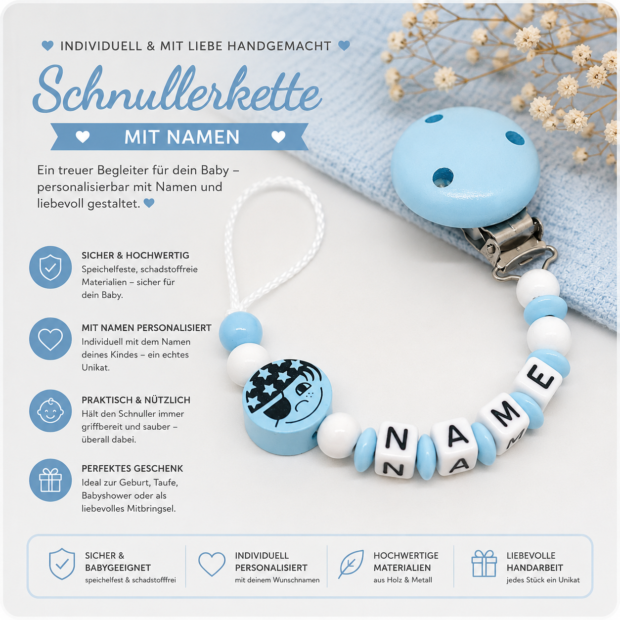Personalisierte Schnullerkette Pirat Hellblau mit Namen – Handgemacht aus Holz | Baby Geschenk zur Geburt