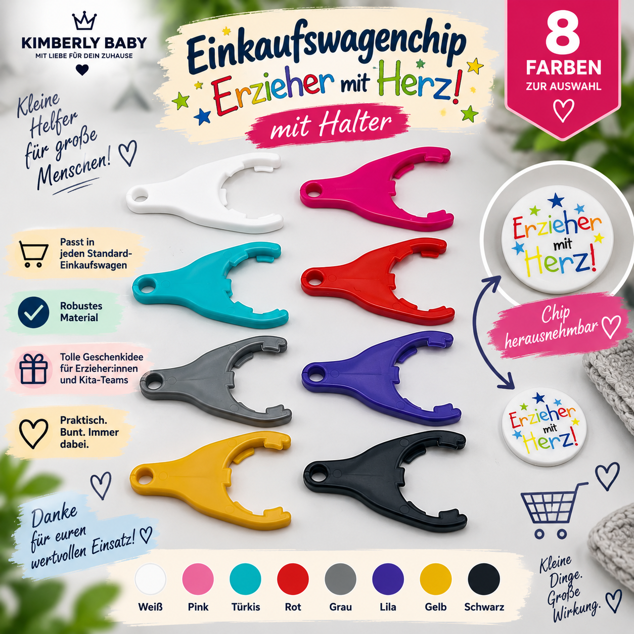 Einkaufswagenchip „Erzieher mit Herz!“ mit Halter – Geschenk für Erzieher