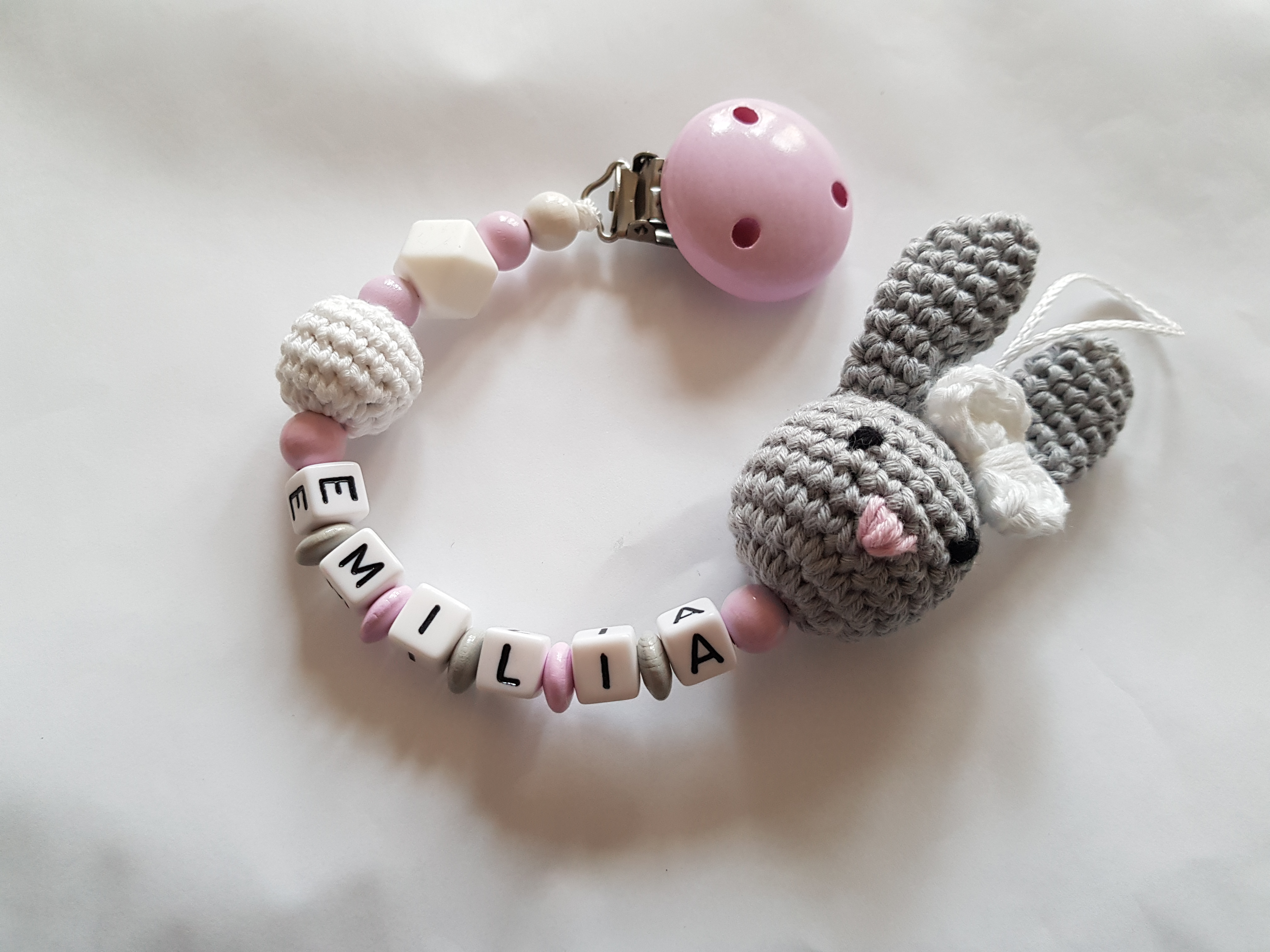 Baby Schnullerkette mit Name - 3D Hase in rosa
