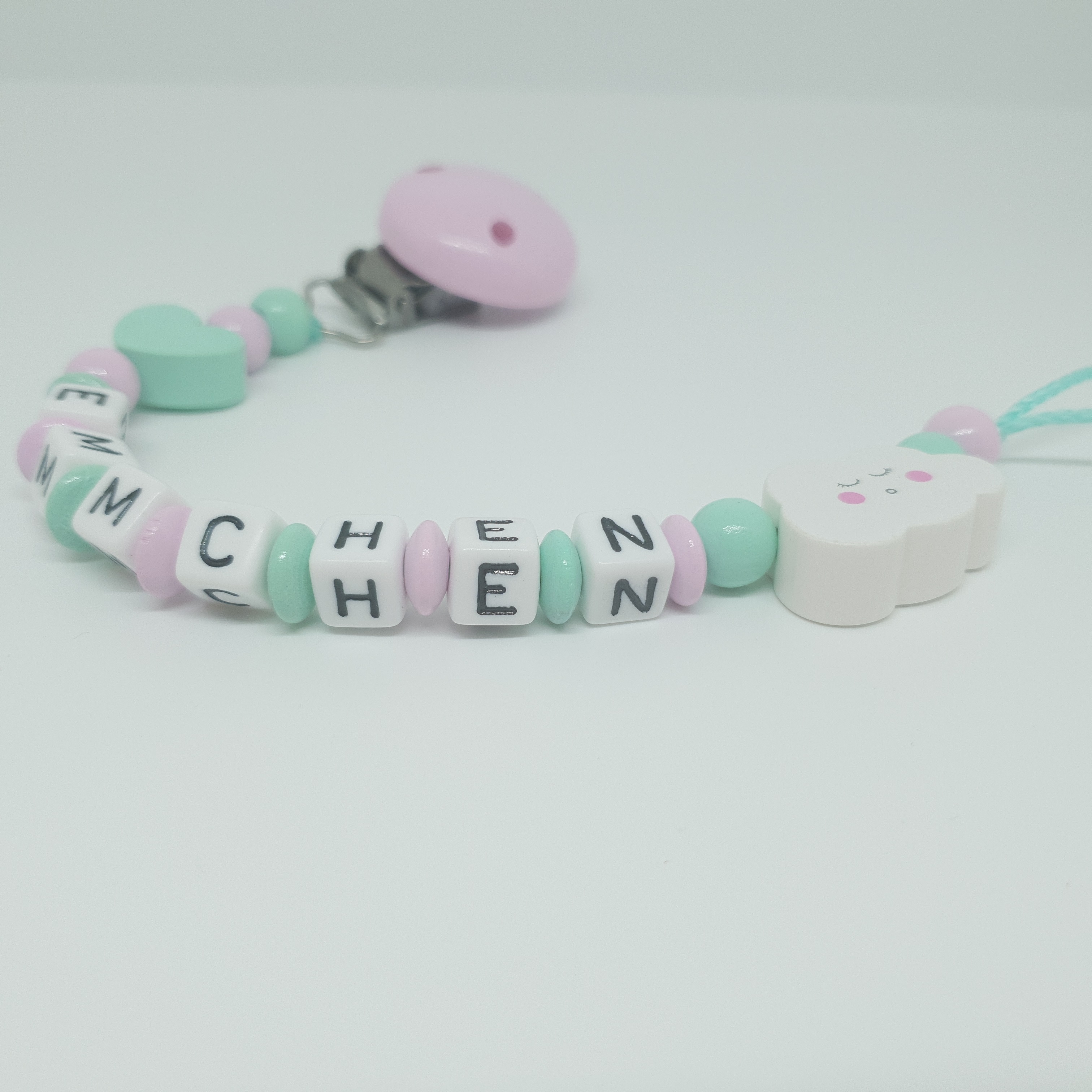 Schnullerkette mit Namen Herz und Wolke in Rosa und Mint