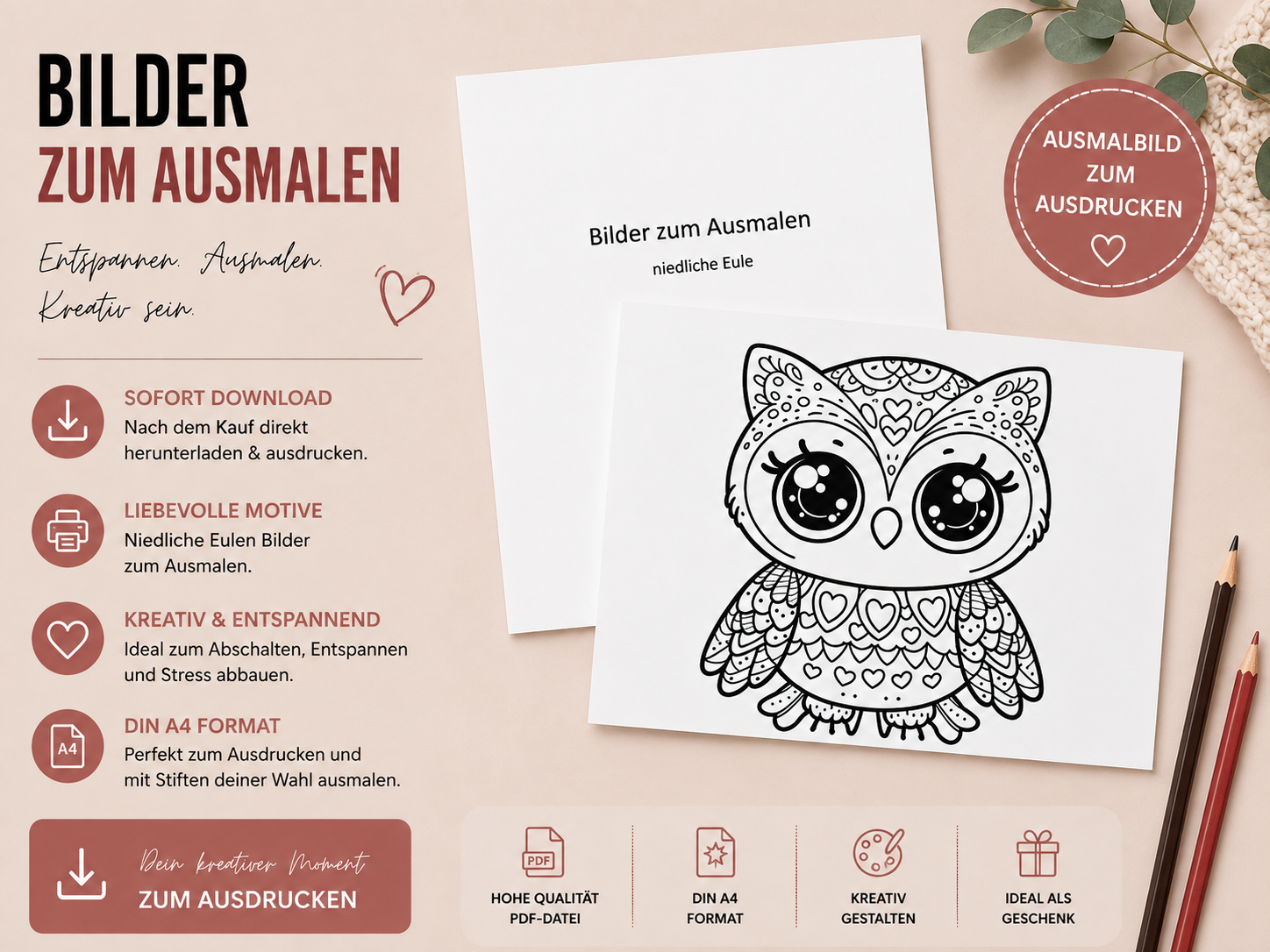 12 Niedliche Eule Ausmalbild zum Ausdrucken – DIN A4 Malvorlage | Digitaler Download