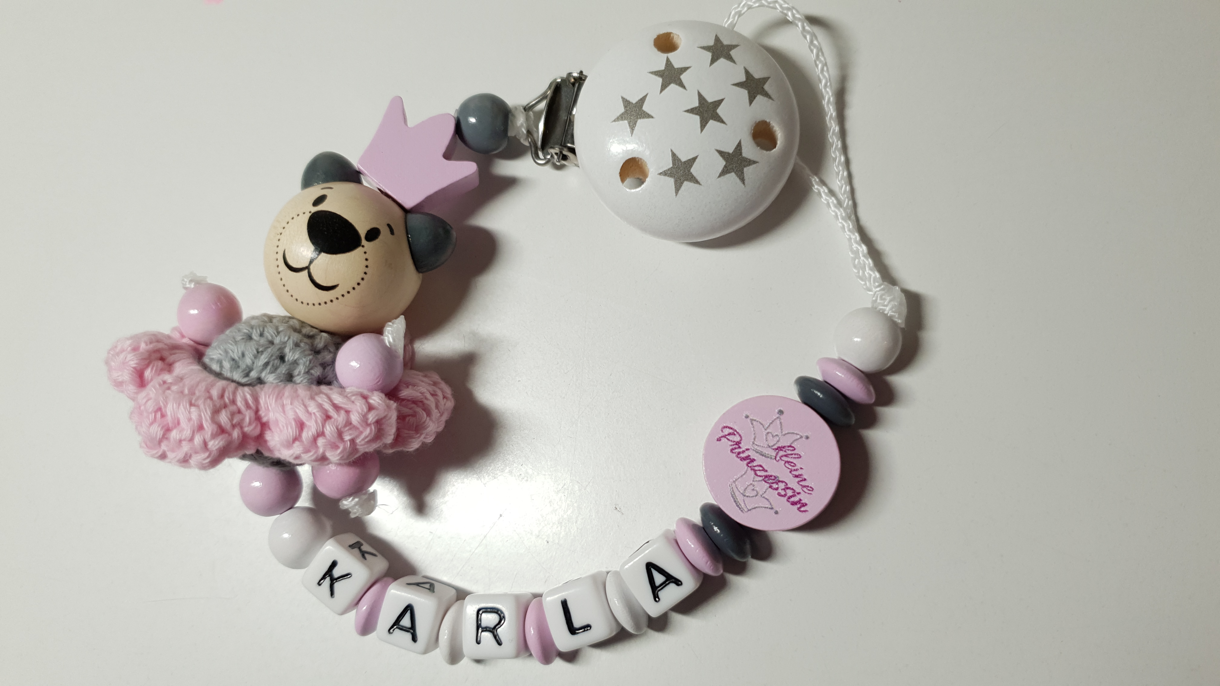 Baby Schnullerkette mit Namen - 3D Bär kleine Prinzessin in rosa