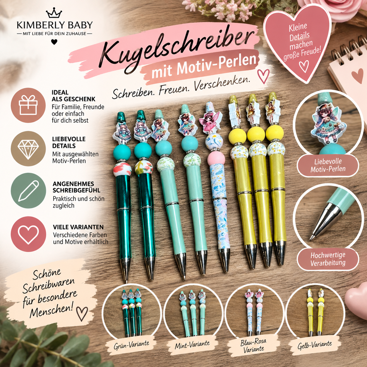 Kugelschreiber mit Fee & Perlen – verspielter Motiv-Stift in verschiedenen Varianten
