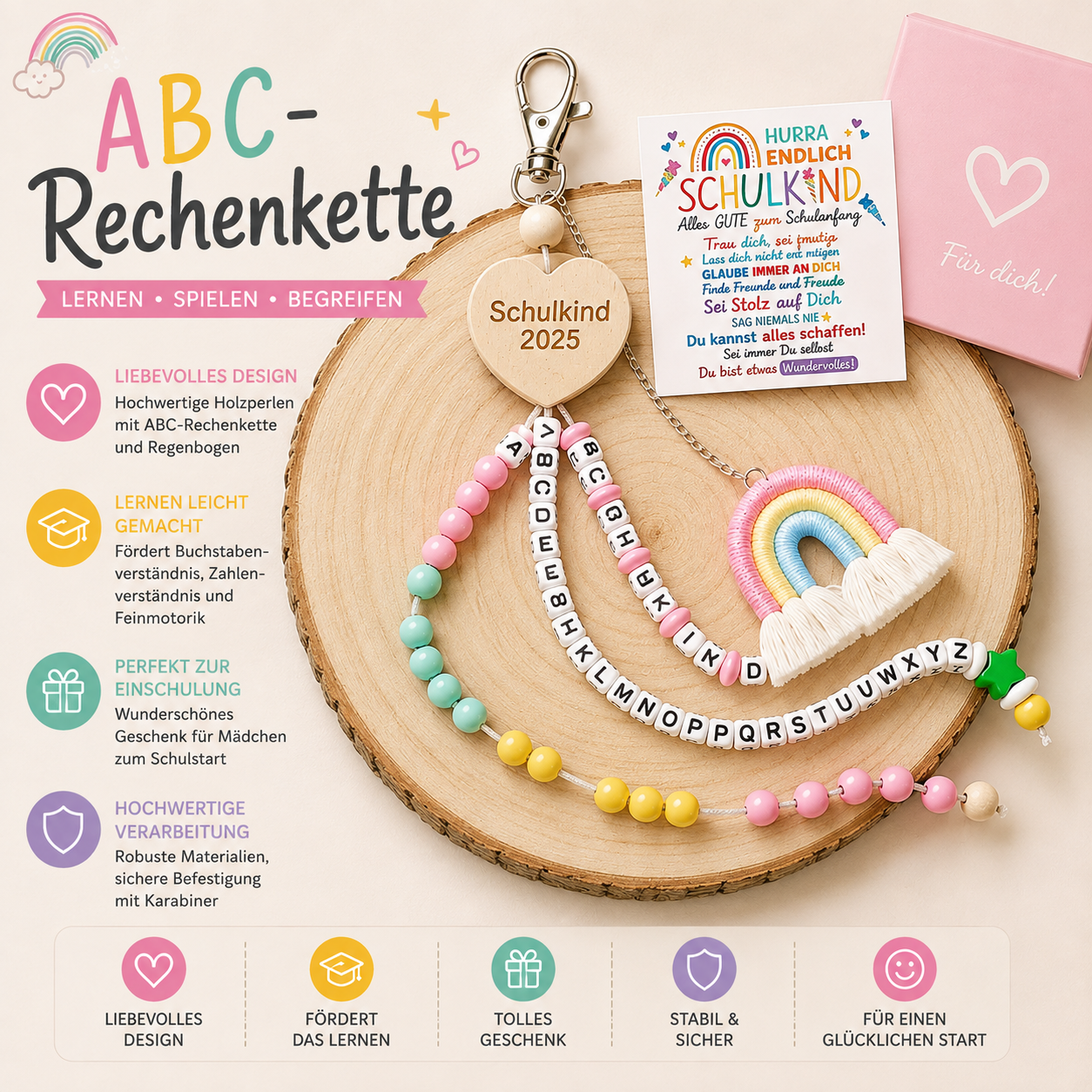 ABC-Rechenkette für Schulanfänger – Lernkette mit Buchstaben & bunten Perlen | Geschenk zur Einschulung